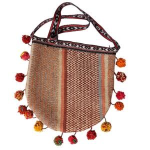 Artisan Handwoven Wool Boho Pom Pom Fringe Shoulder /Crossbody Bag Andean Style